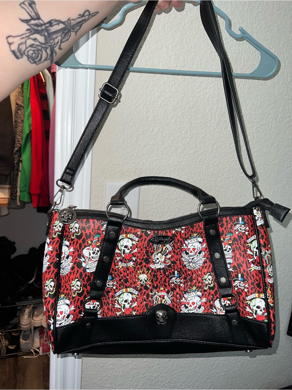 Ed Hardy Red and Black Skull-Print Satchel with Stud Accents
